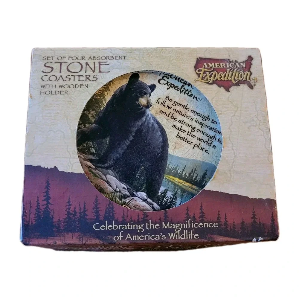 American Expedition Black Bear Stone Coasters Set of 4 w Wood Holder Wildlife